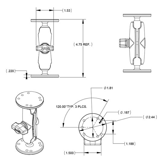 RAM MOUNTS MOUNT UNIV DBL BALL W/2 PLATES UNPKD (RAM - B - 101U) - Driven Powersports Inc.793442101014RAM - B - 101U